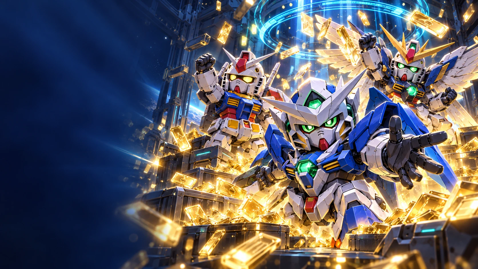 หุ่น Gundam พร้อมเครดิตสีทองในแฮงการ์